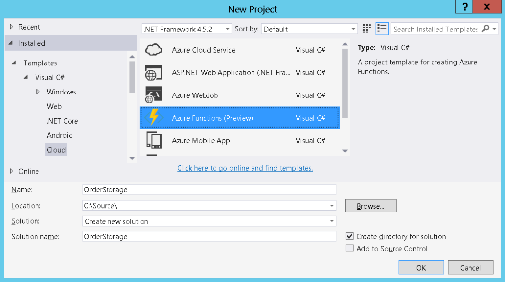 Azure Functions New Project screen