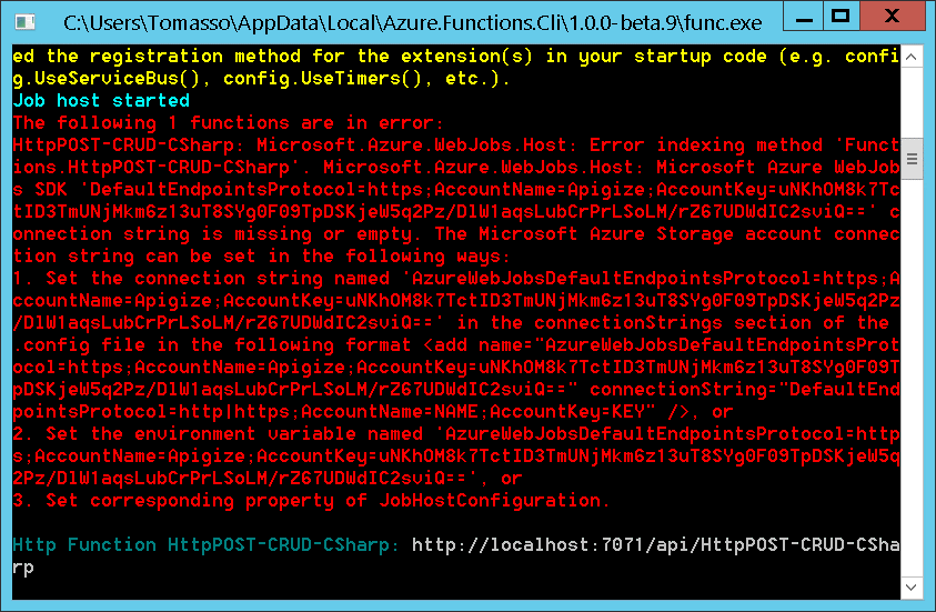 Azure Functions error message