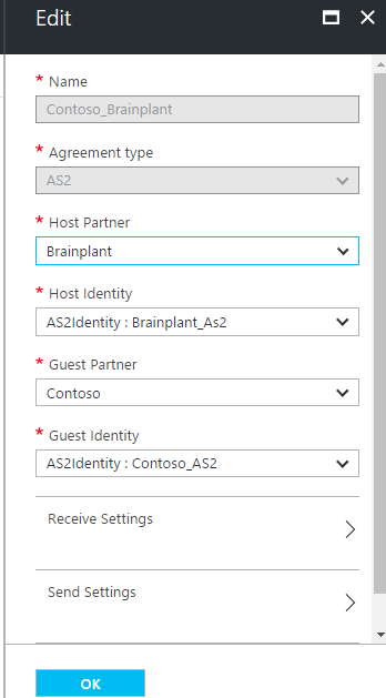create an AS2 agreement between Contoso and Brainplant