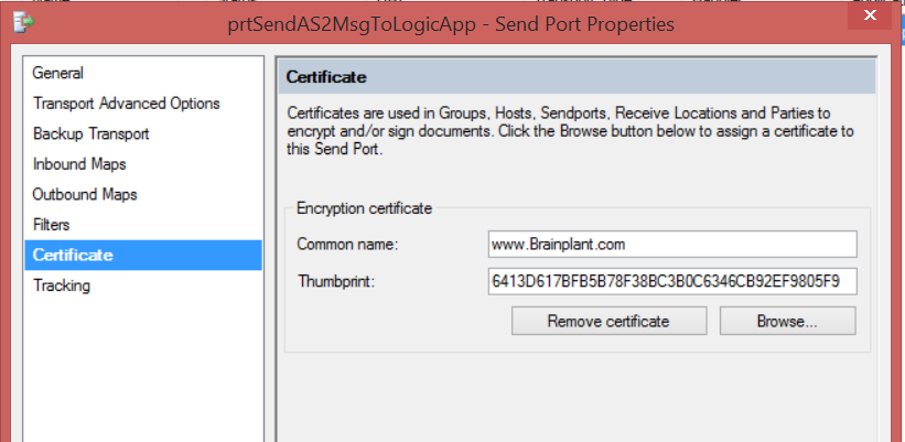 certificate section of send port