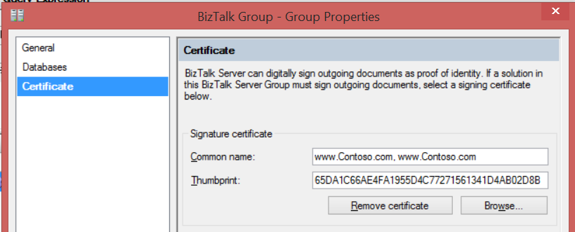configuring certificate in biztalk admin console group hub page