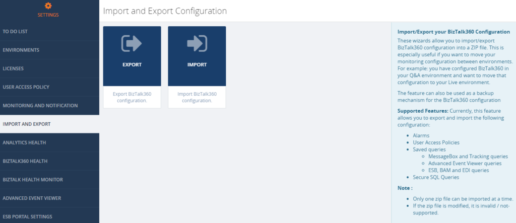 The import export configuration screen