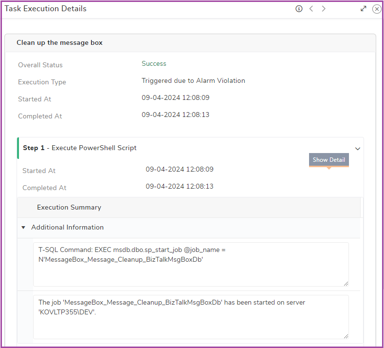 automated task execution status with the summary