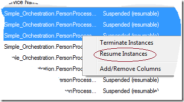 resume biztalk server instances